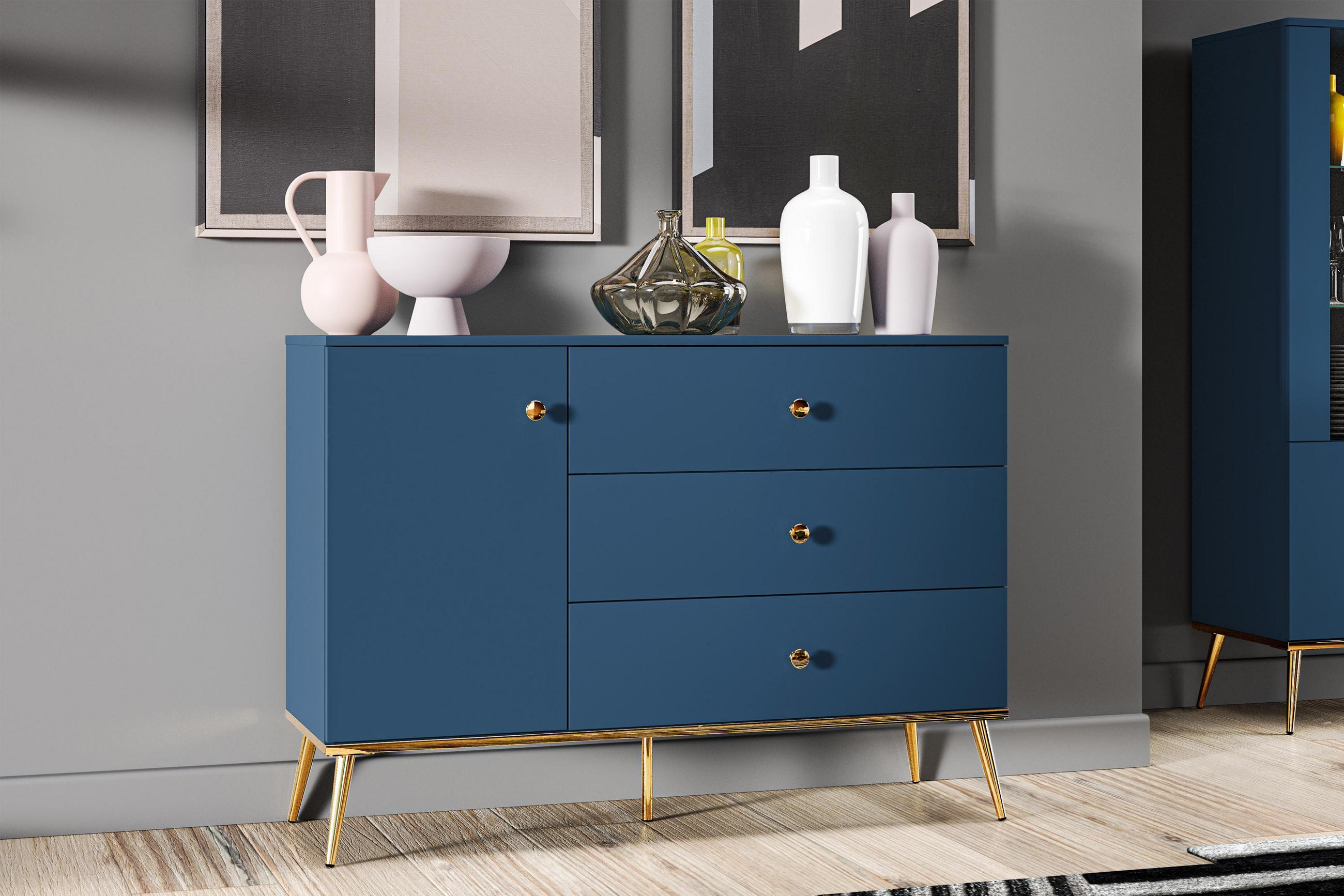 KOMMODE ARICIA Schubladen mit Vollauszug, Marineblau - Blau, Holz (120/85/40cm) - KONSIMO®