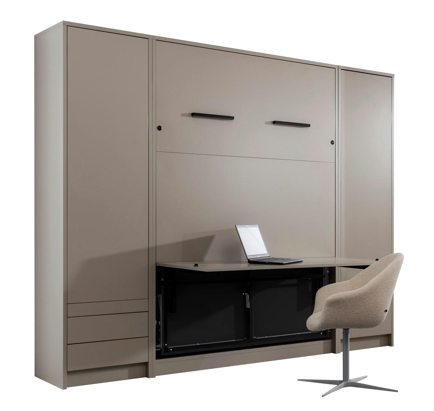 SCHRANKBETT Wandbett vertikal GN 140x200 mit Schreibtisch, LED & 2 Schränken - 3-teilig - Congo - Grau, Holzwerkstoff (140/200cm) - QMM TraumMöbel