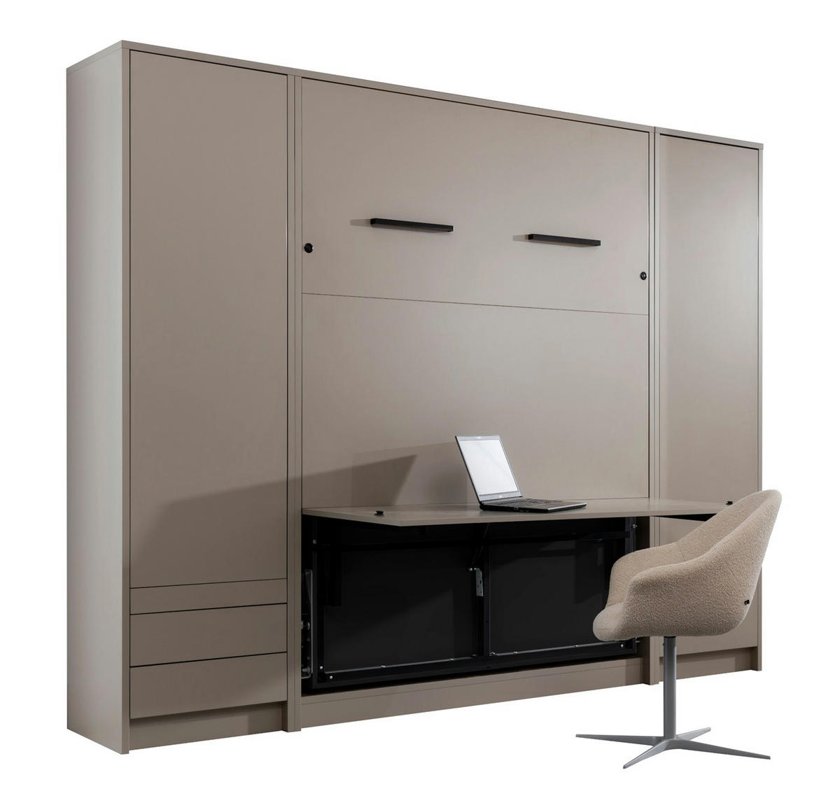 SCHRANKBETT Wandbett vertikal GN 140x200 mit Schreibtisch, LED & 2 Schränken - 3-teilig - Congo - Grau, Holzwerkstoff (140/200cm) - QMM TraumMöbel