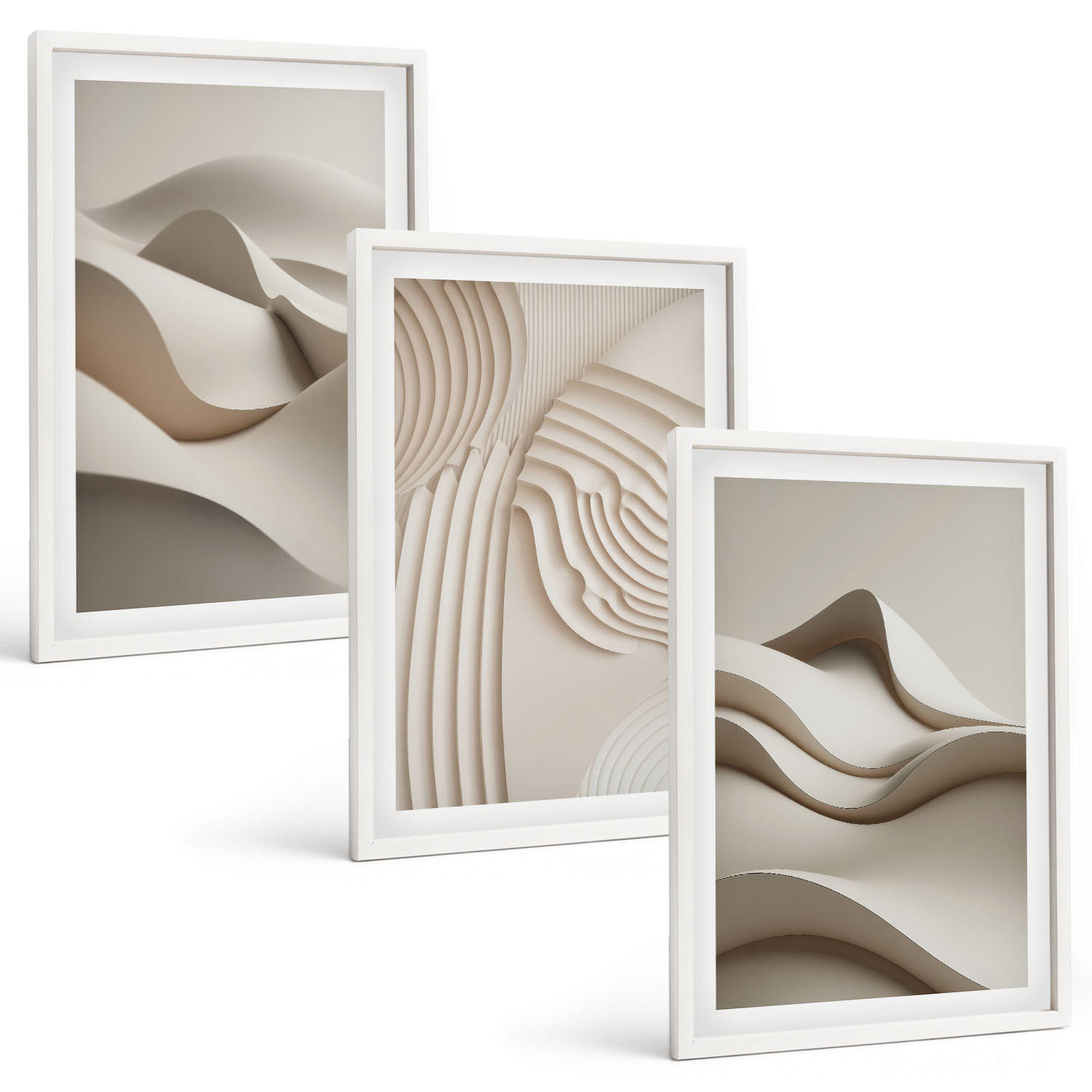 BILDER SET 3er Set - 40x60 cm Weißer Rahmen - Abstrakte beige Wellen - Weiß, Kunststoff (40/60cm) - TULUP