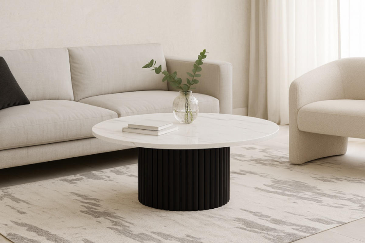 TISCH Weiß Riko Rund Gerillte Basis Marmor 90 cm - Weiß, Holzwerkstoff (90/90/42cm) - Sepro Meble