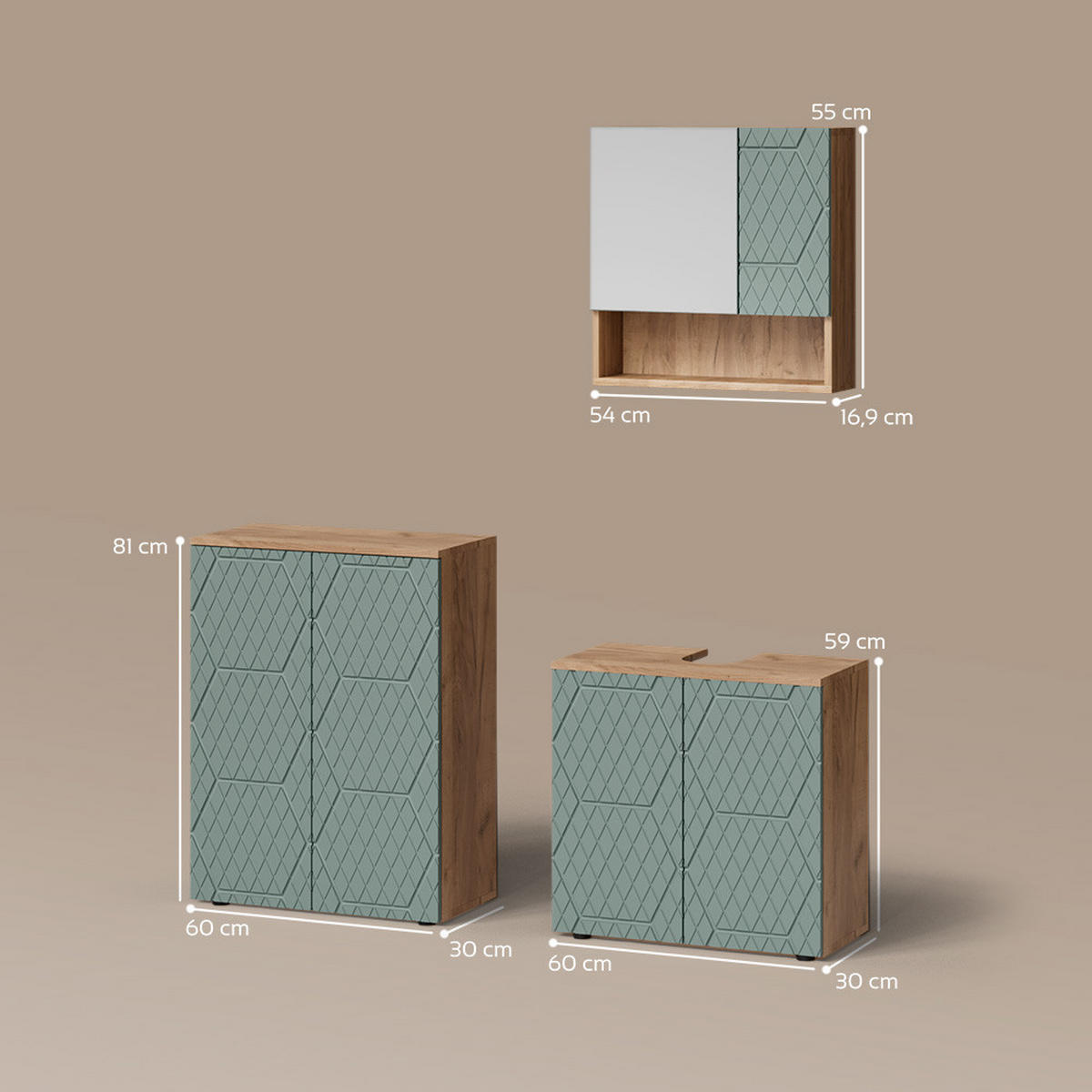 BADMÖBEL-SET Ronco Grün/Goldkraft Eiche 3 Teile, mit Unterschrank 60 cm - Honigeiche/Grün, Holzwerkstoff (60/59/30cm) - Livinity®
