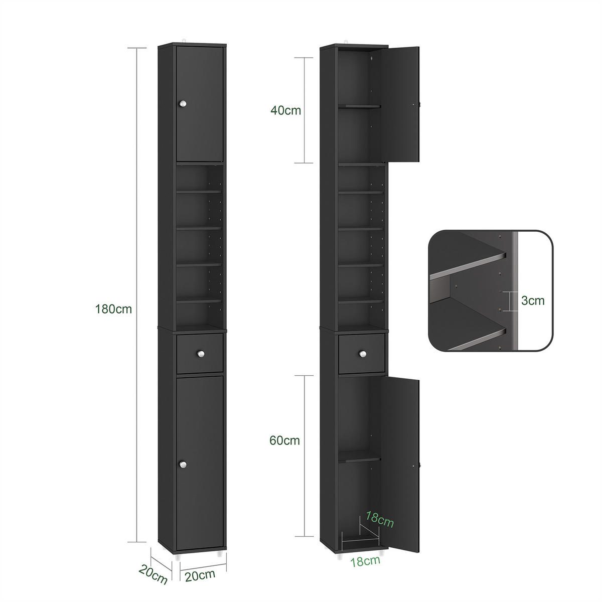 HOCHSCHRANK Schmal, Schwarz, 20x180x20cm - Schwarz, Holzwerkstoff (20/180/20cm) - SoBuy