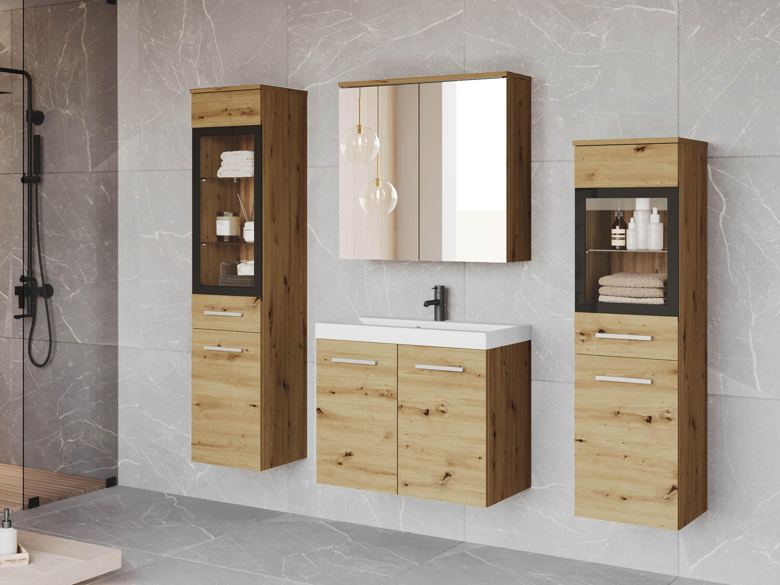 BADMÖBEL-SET Madrit II - Silberfarben/Eiche Artisan, Holzwerkstoff/Kunststoff (132/132/30cm) - MIRJAN24