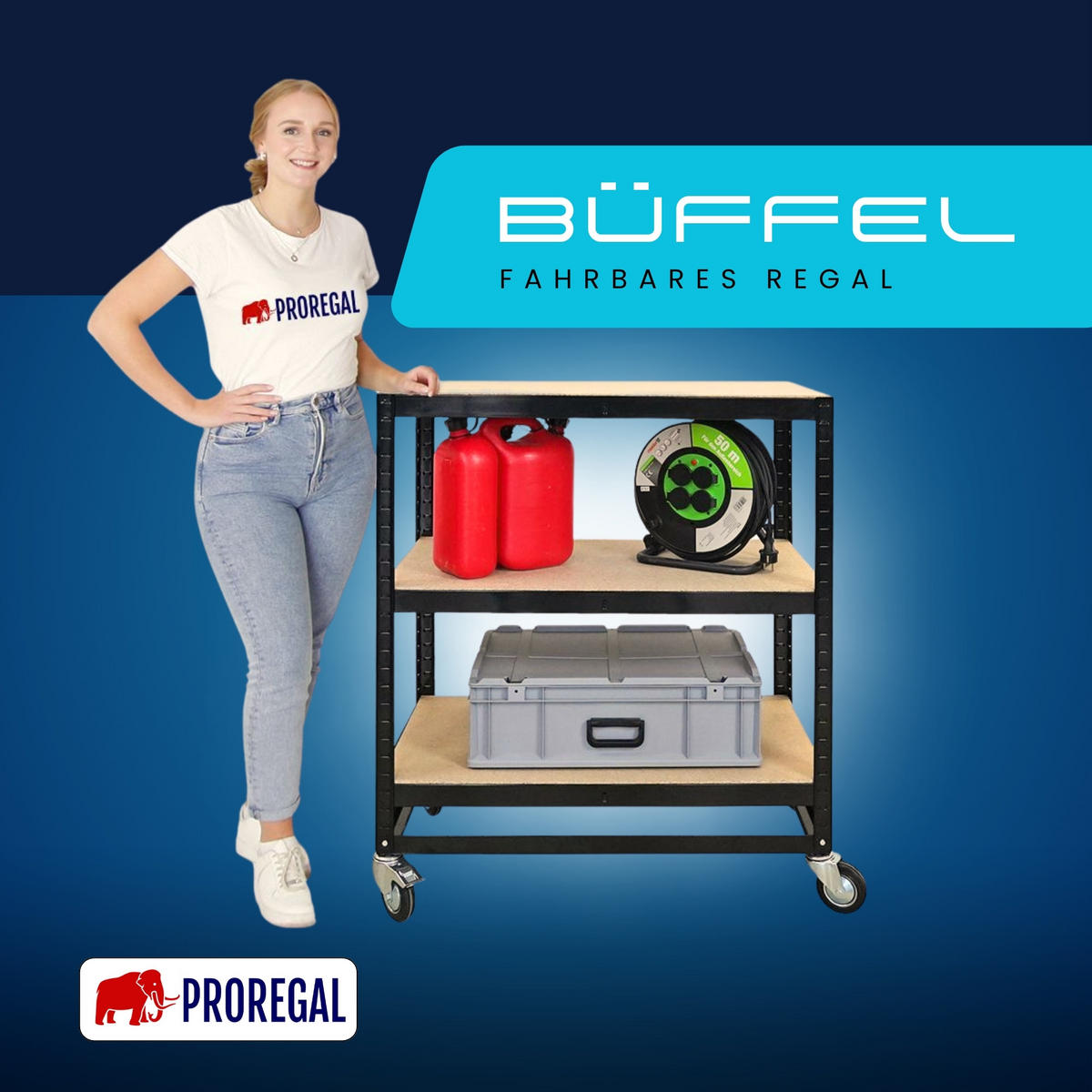 KOMMISSIONIERWAGEN BÜFFEL, 100x90x50cm, 3 Ebenen, Fachlast 50kg, 2X Lenkrollen & 2X Lenkrollen mit Feststellbremse, Schwarz - Schwarz, Metall (90/100/50cm) - PROREGAL