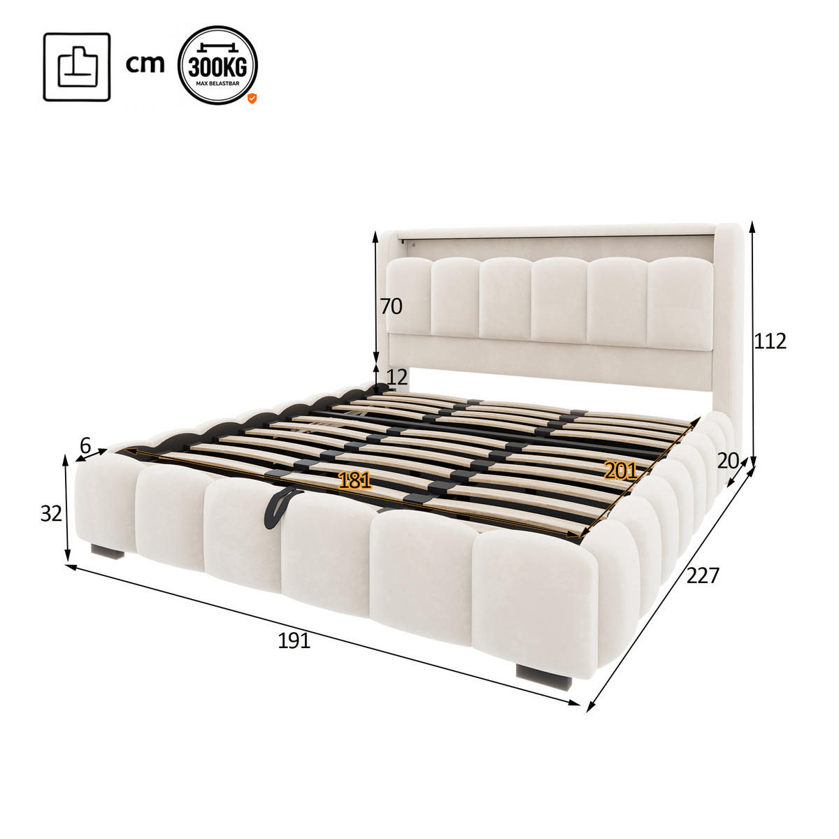 BOXBETT 180/200 mit LED/USB-C, Samt, Beige - Beige, Holz (180/200cm) - LVHOM