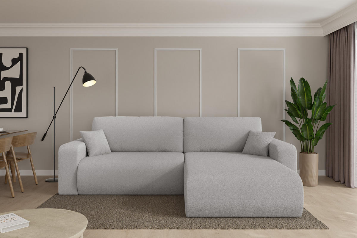 ROHOVÁ SEDAČKA s funkcí spaní, otoman vpravo BERY-L 276x193x88 světle šedá bouclé - černá/stříbrná, kompozitní dřevo/textil (276/193cm) - ALTDECOR