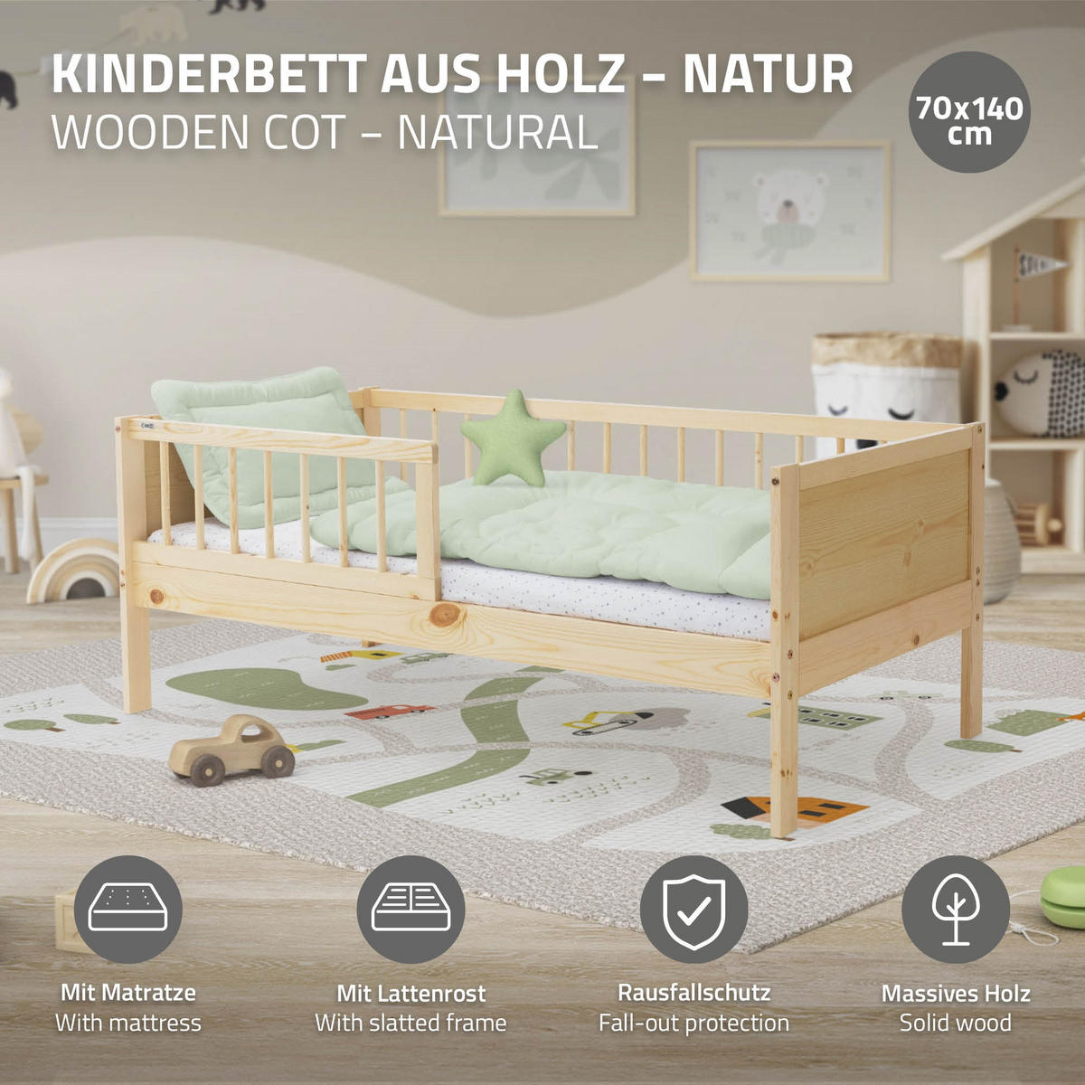 KINDERBETT mit Matratze 70x140 cm Natur - Naturfarben, Holzwerkstoff - ML-DESIGN