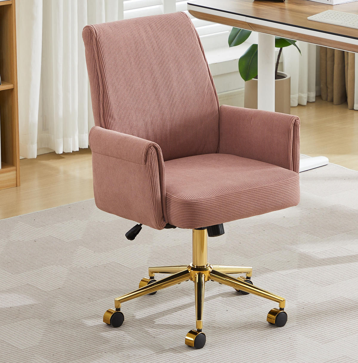 DREHSTUHL 64/61/107 cm Pink aus Cord mit ergonomischer Rückenlehne und goldfarbenem Gestell - Pink, Textil (61/107/64cm) - OKWISH