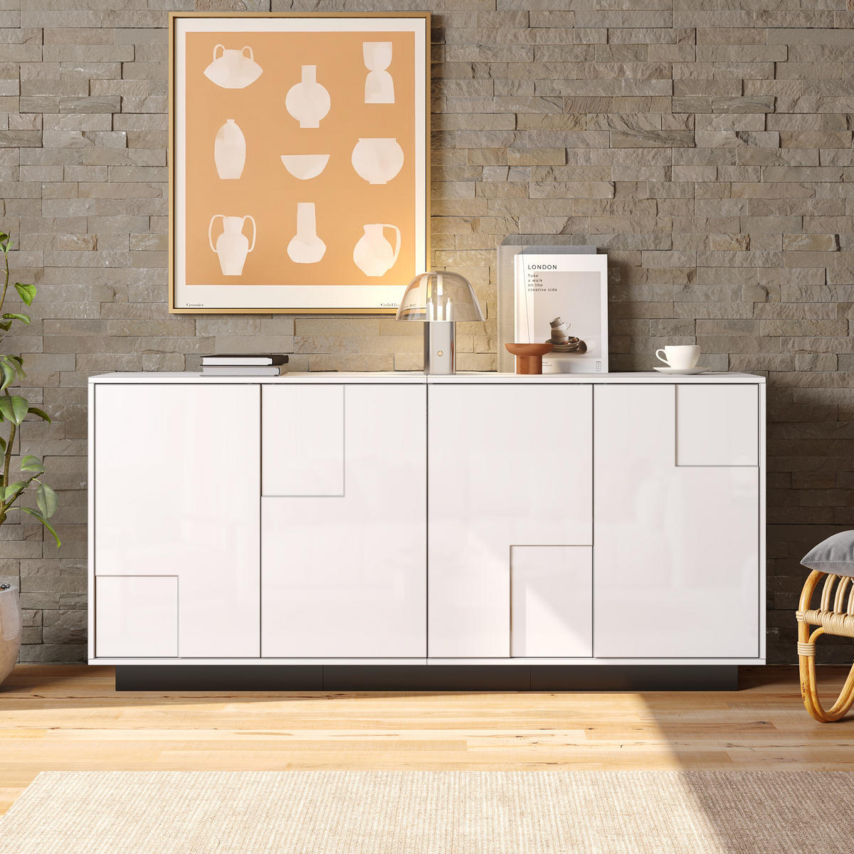 SIDEBOARD 160cm Hochglanz 4 Türen Weiß Schwarz modern Stauraum - Weiß, Holzwerkstoff (37/75.5/160cm) - FLIEKS