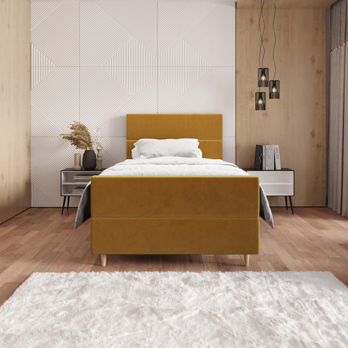BOXBETT FLO PLUS 100x200 Itaka 33, mit Matratze H3, Bonell und Topper, Senfton - Gelb, Holz/Textil (100/200cm) - Bedante