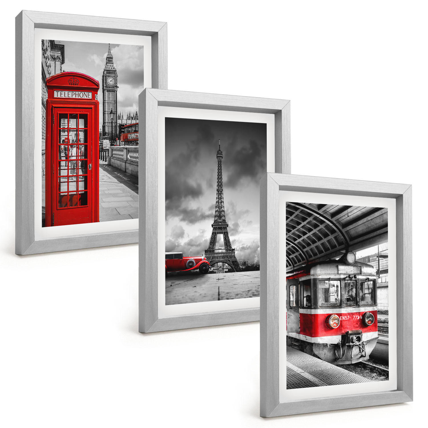 BILDER SET 3er Set - 20x30 cm Silberner Rahmen - Ikonen London Paris Verkehr - Silberfarben, Kunststoff (20/30cm) - TULUP