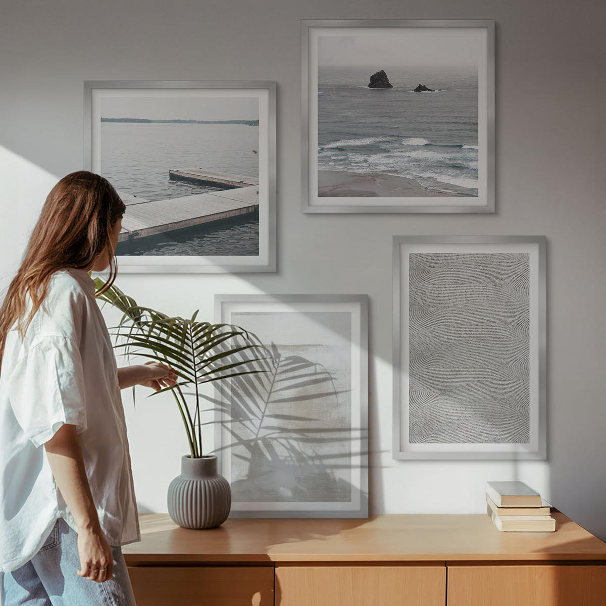 BILDER SET 4er Set - 50x50 cm & 40x60 cm Silberner Rahmen - Abstraktes Design, moderne Texturen - Silberfarben, Kunststoff (50/50cm) - TULUP