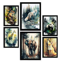 POSTER Set Mit 6 Wald Und Savanne Illustrationen Von Tieren In Naturlandschaften, Realistischer Aquarellstil Innenarchitektur A3 & A4 Schwarzer Rahmen - Schwarz, Papier (29/3cm) - Nacnic