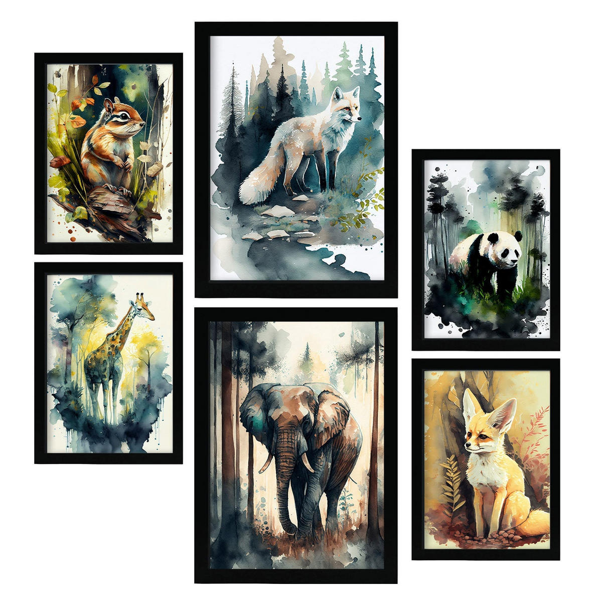 POSTER Set Mit 6 Wald Und Savanne Illustrationen Von Tieren In Naturlandschaften, Realistischer Aquarellstil Innenarchitektur A3 & A4 Schwarzer Rahmen - Schwarz, Papier (29/3cm) - Nacnic