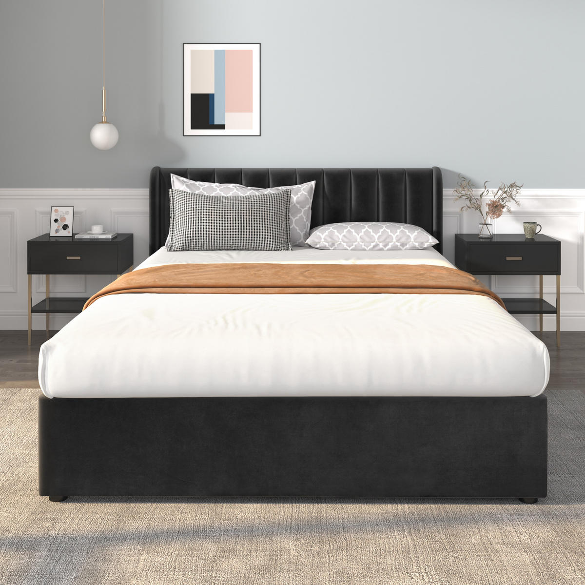 POLSTERBETT 140/200 cm schwarz mit Lattenrost und 2 Schubladen - Schwarz, Textil (140/200cm) - OKWISH