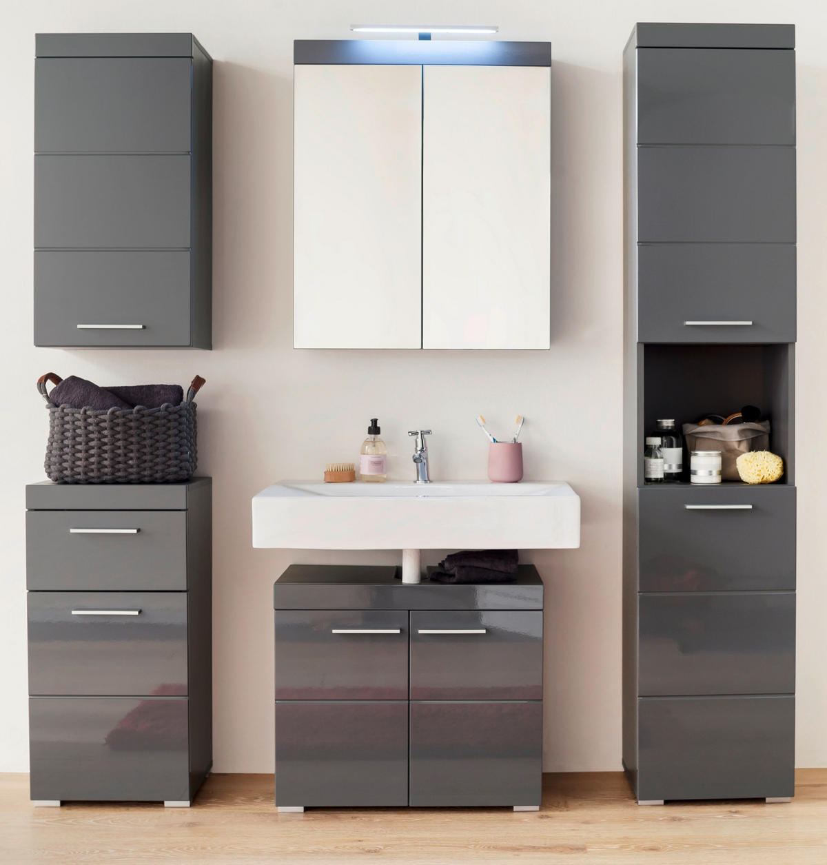 BADMÖBEL-SET grau Hochglanz 6-teilig 163 x 190 cm, Komplett-Set inklusive Beleuchtung - Grau, Glas/Holzwerkstoff (163/190/34cm) - Top.Furn