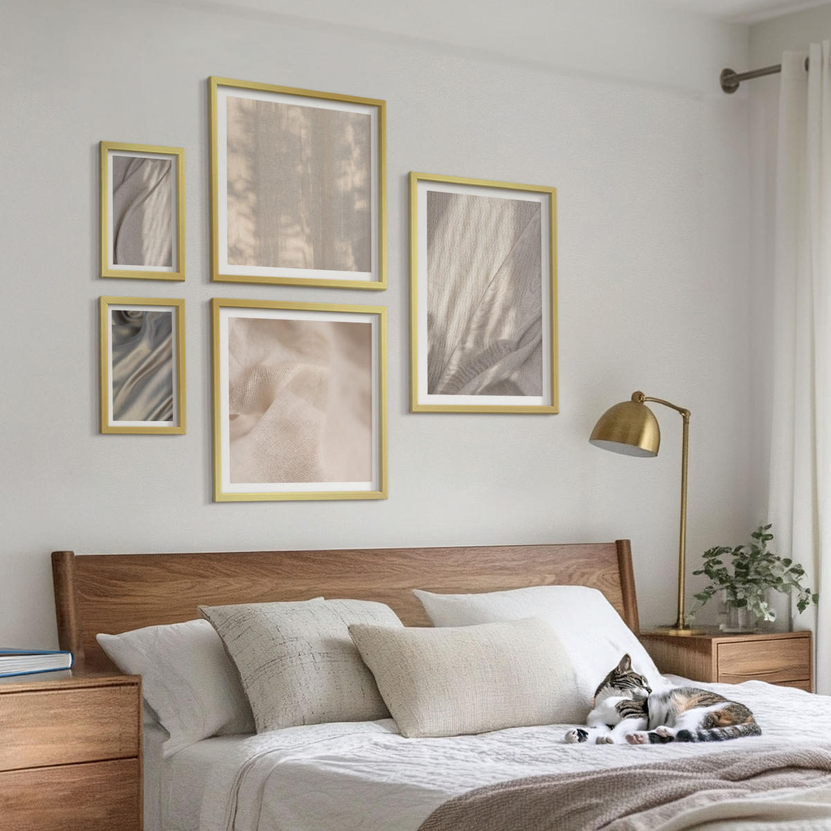 WANDBILDER 5er Set - 50x50 cm & 20x30 cm & 40x60 cm Goldrahmen - Nahaufnahme von natürlichen Boho-Stoffen - Goldfarben, Kunststoff (40/60cm) - ArtPrintCave