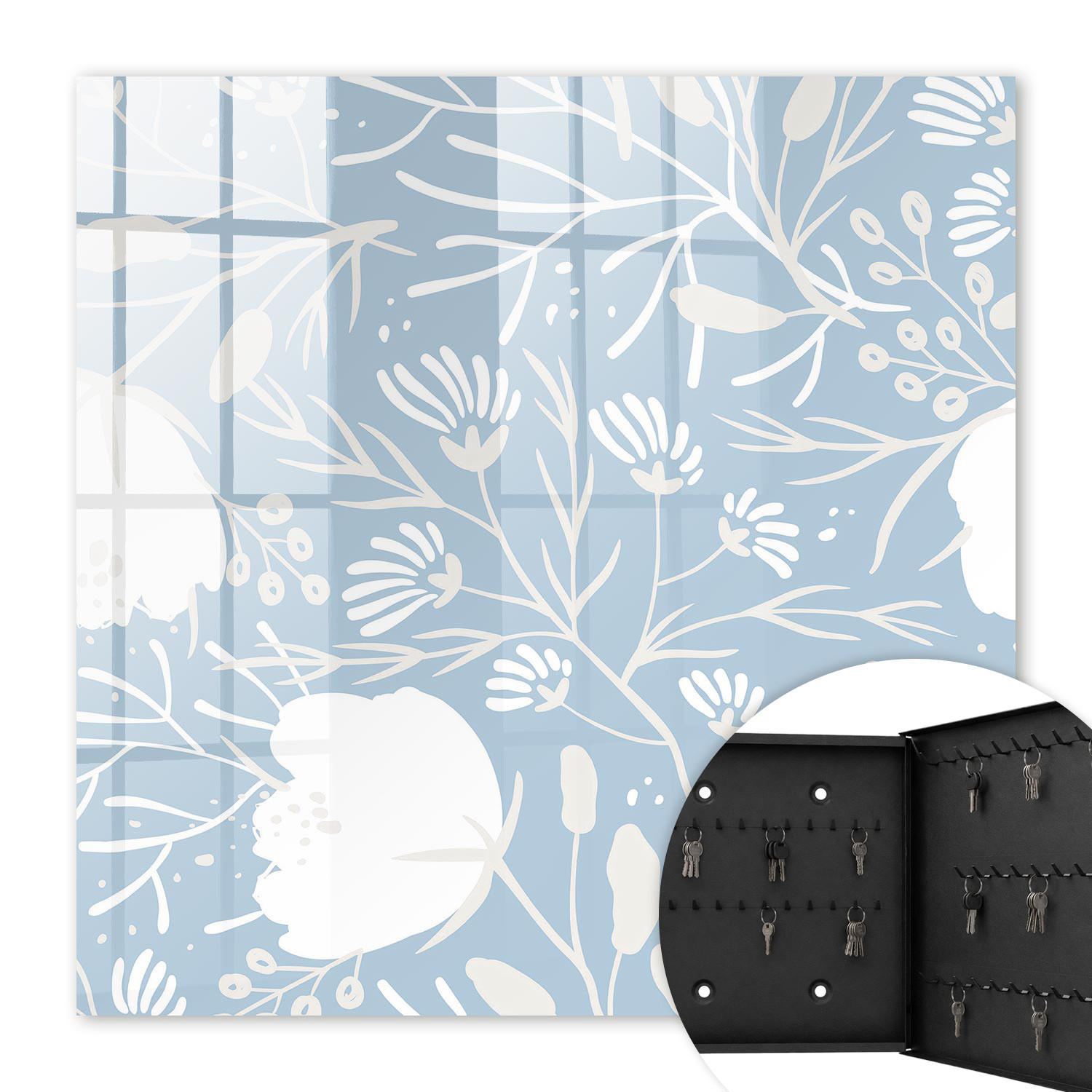 SCHLÜSSELBOX Schwarz 30x30 cm- Türöffnung nach rechts - Pflanzenmotive - Blau, Metall (30/30/5cm) - TULUP