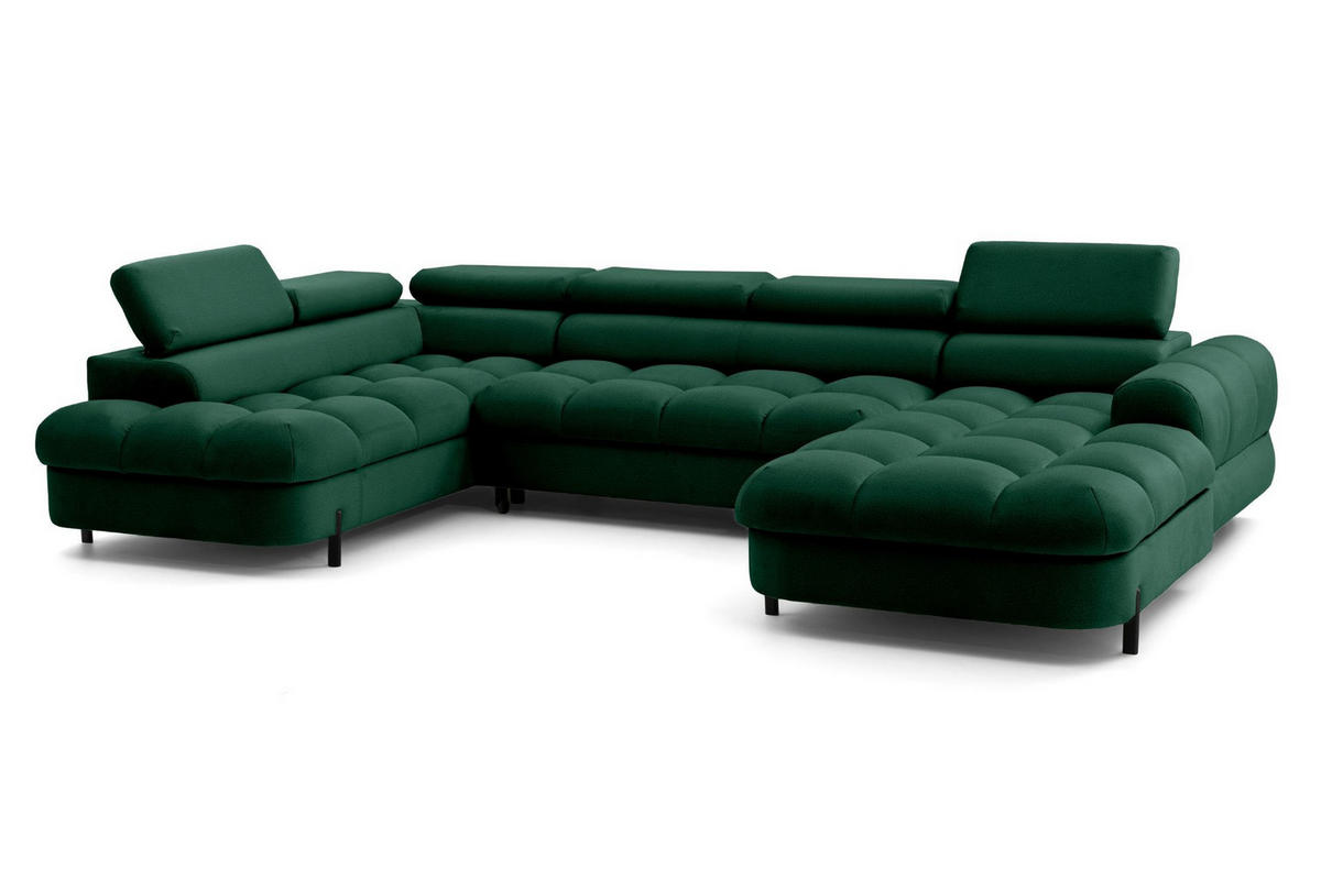 ECKSOFA U-Form BOWL U Links mit Schlaffunktion 125x265 Velours Grün - Schwarz/Grün, Holz/Textil (339/90/195cm) - Muffo