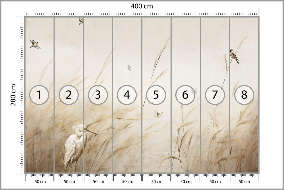 FOTOTAPETE für Schlafzimmer Vögel Storch Hohe Gräser Aquarell 400x280 - Beige/Gelb, Papier (400/280cm) - Muralo