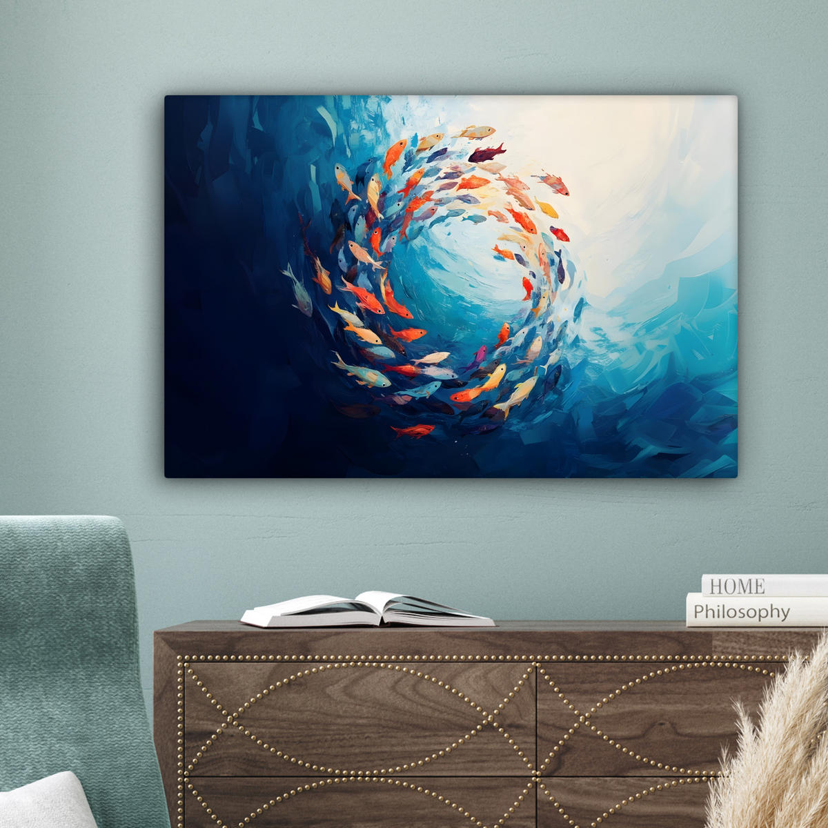 LEINWANDBILD Meer - Fische - Bunt - Dynamisch Gemälde 60x40 cm - Hellblau, Textil (60/40cm) - MuchoWow