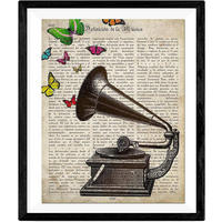 POSTER Vintage Grammophon Mit Schmetterlinge . 24X30cm Rahmenlos - Klar, Papier (24/5/30cm) - Nacnic