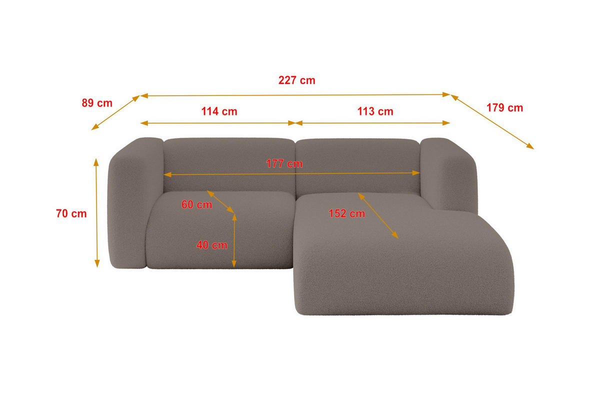 ECKSOFA Ottomane Rechts MIRA-L1 227x179x89 Braun Bouclé - Dunkelbraun/Schwarz, Holzwerkstoff/Kunststoff (227/179cm) - ALTDECOR