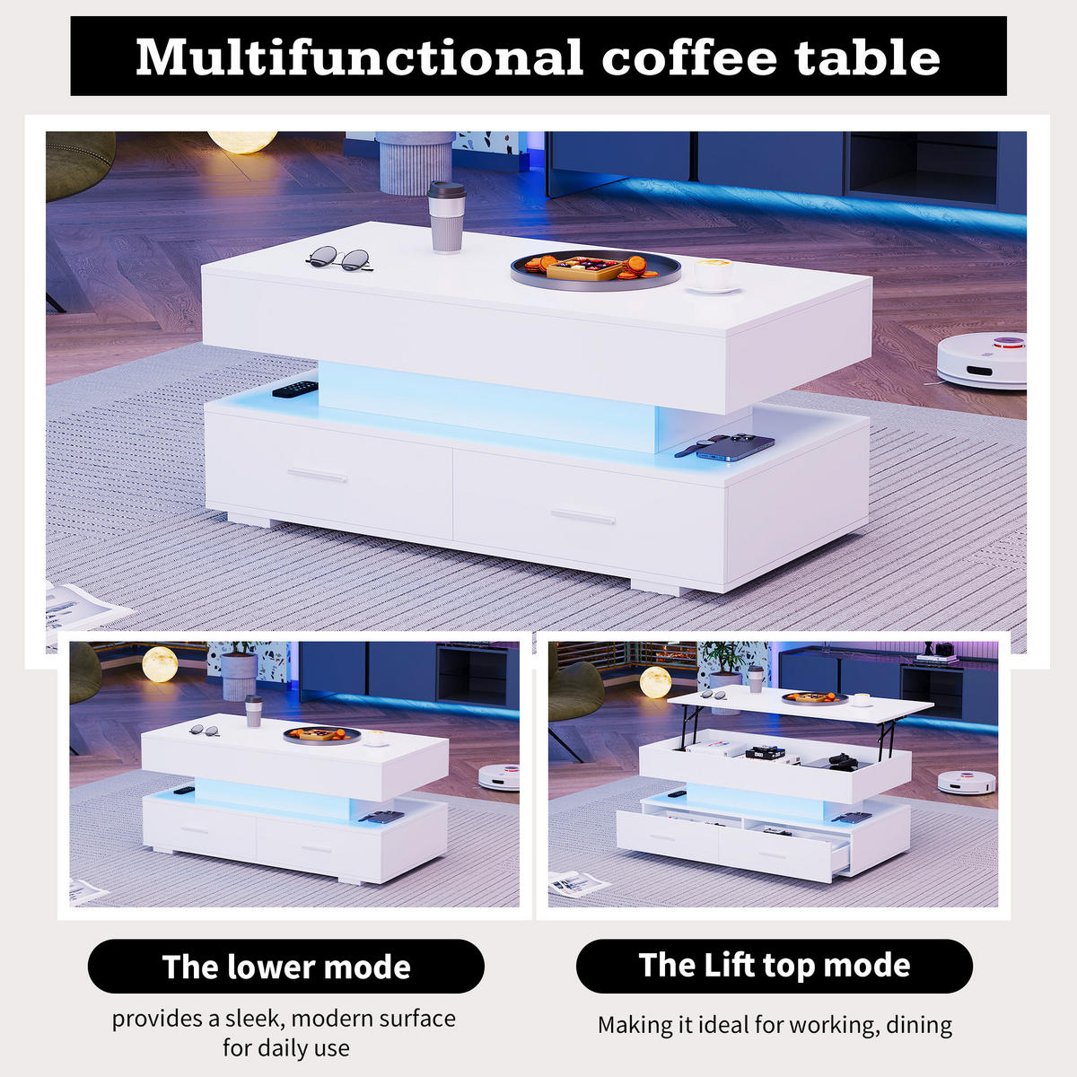 COUCHTISCH DE-163 Hydraulisch Höhenverstellbar Weiß - Weiß, Holzwerkstoff (50/100/44cm) - ComfortXL