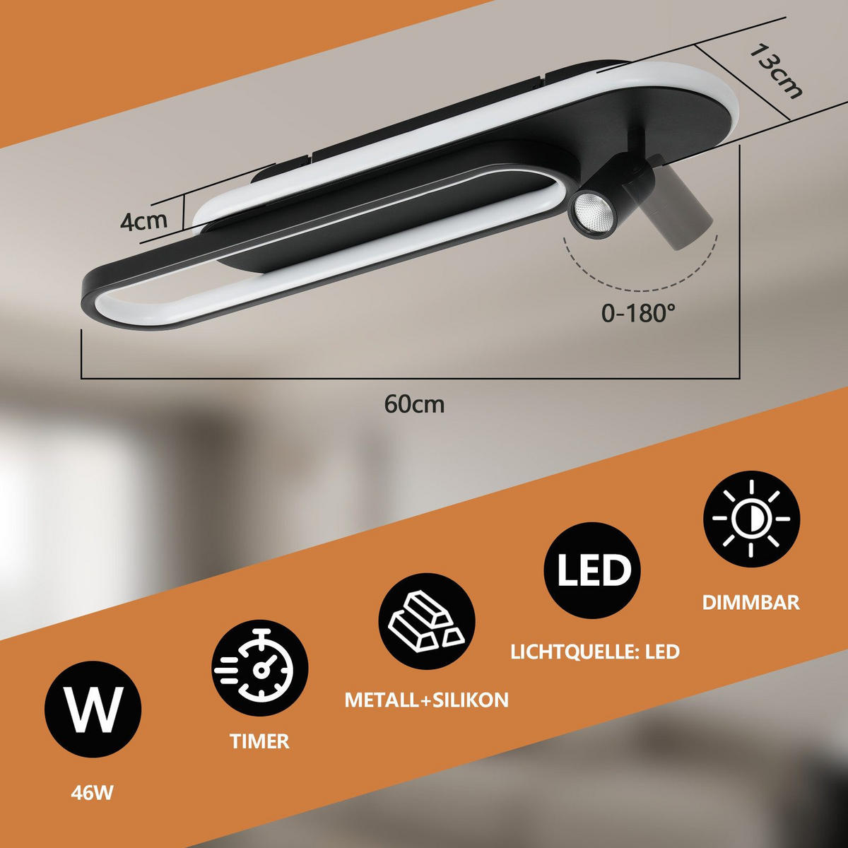 LED-DECKENSTRAHLER Dickerson 60/13/15.5cm - Schwarz, Metall (60/13/15.5cm) - Nettlife