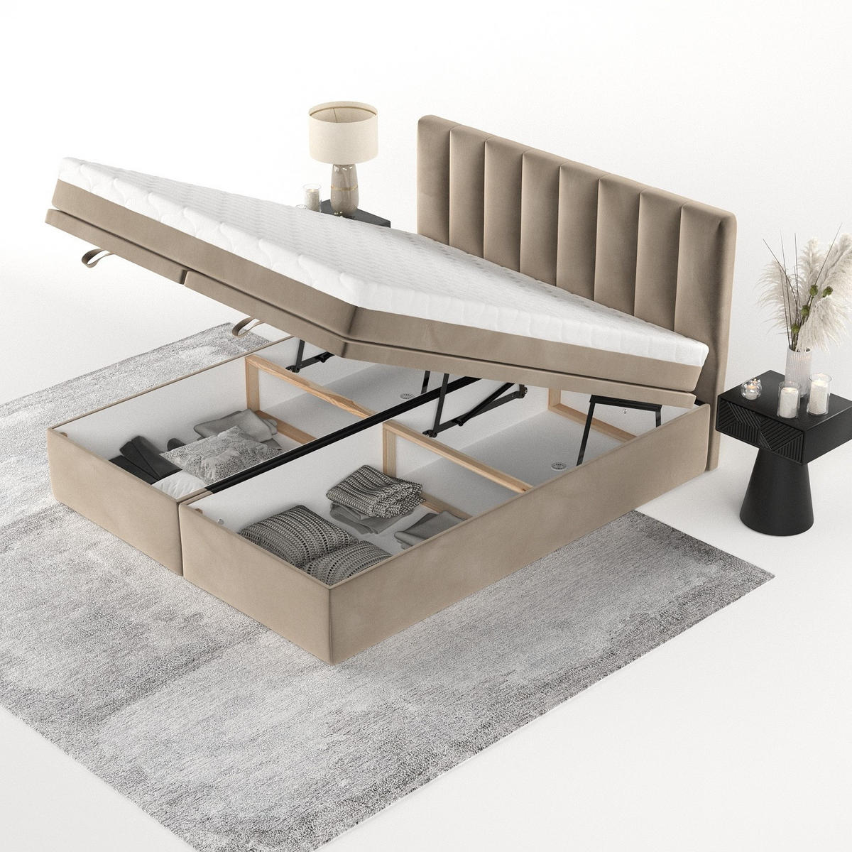 BOXBETT Lume 180/200 cm Taupe im Paros Stoff - Taupe/Schwarz, Holz/Holzwerkstoff (180/200cm) - AltaBeds