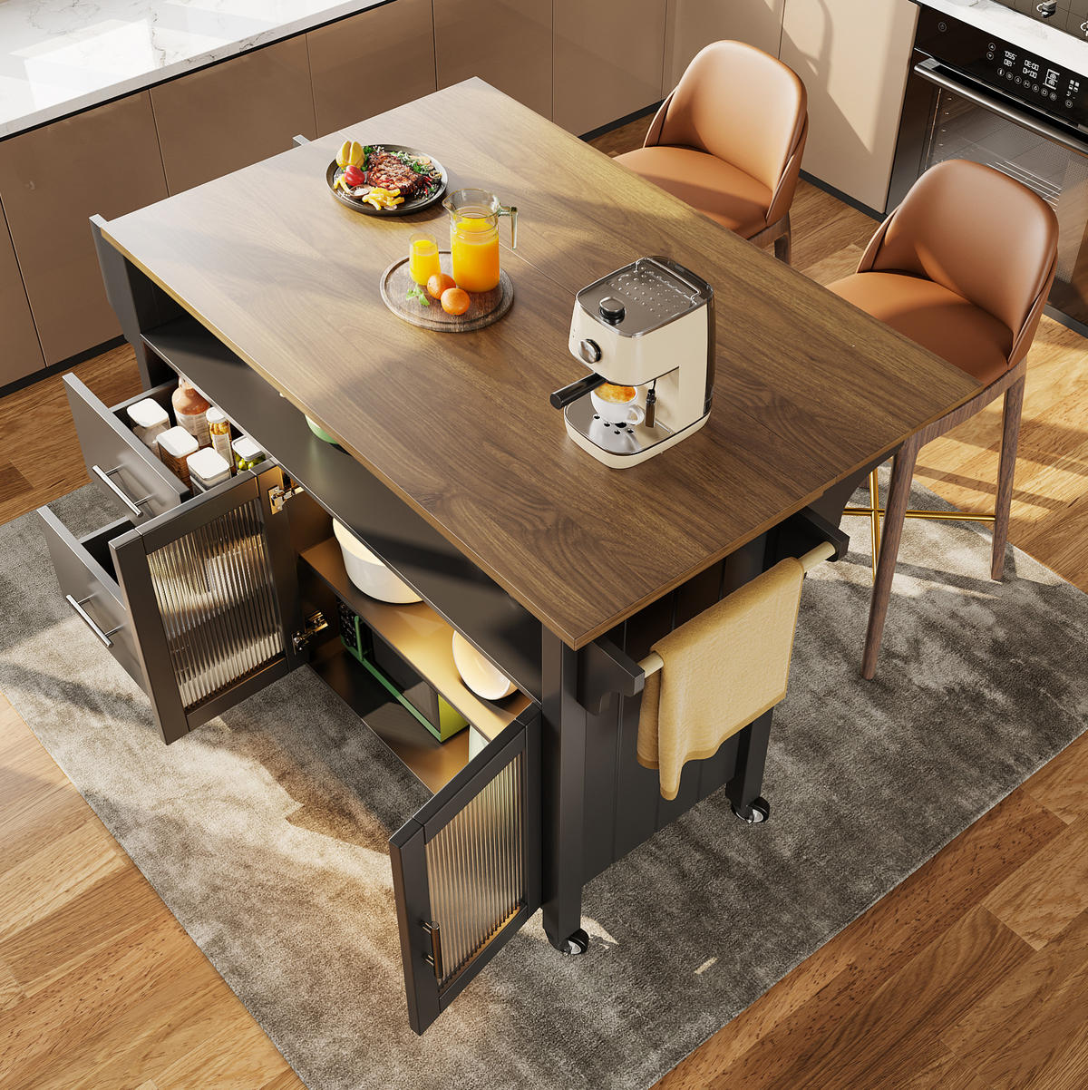 KÜCHENINSEL mit klappbarer Arbeitsplatte 139 x 40/65 x 94 cm Schwarz - Schwarz, Holz (40/94.5/139cm) - Beauniv