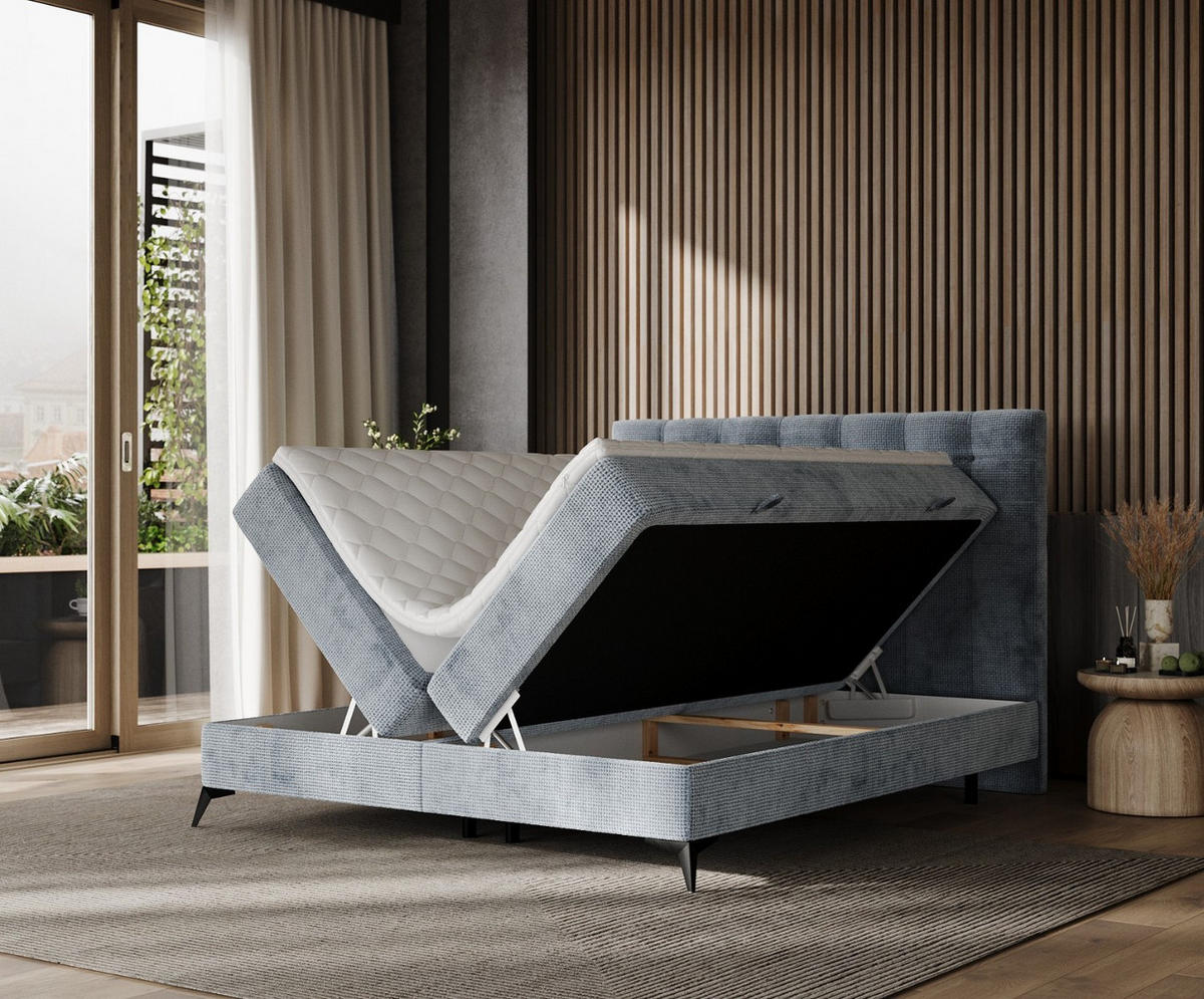 BOXBETT Niro 200/200 cm Hellblau im Bonita Stoff - Schwarz/Hellblau, Holz/Holzwerkstoff (200/200cm) - AltaBeds