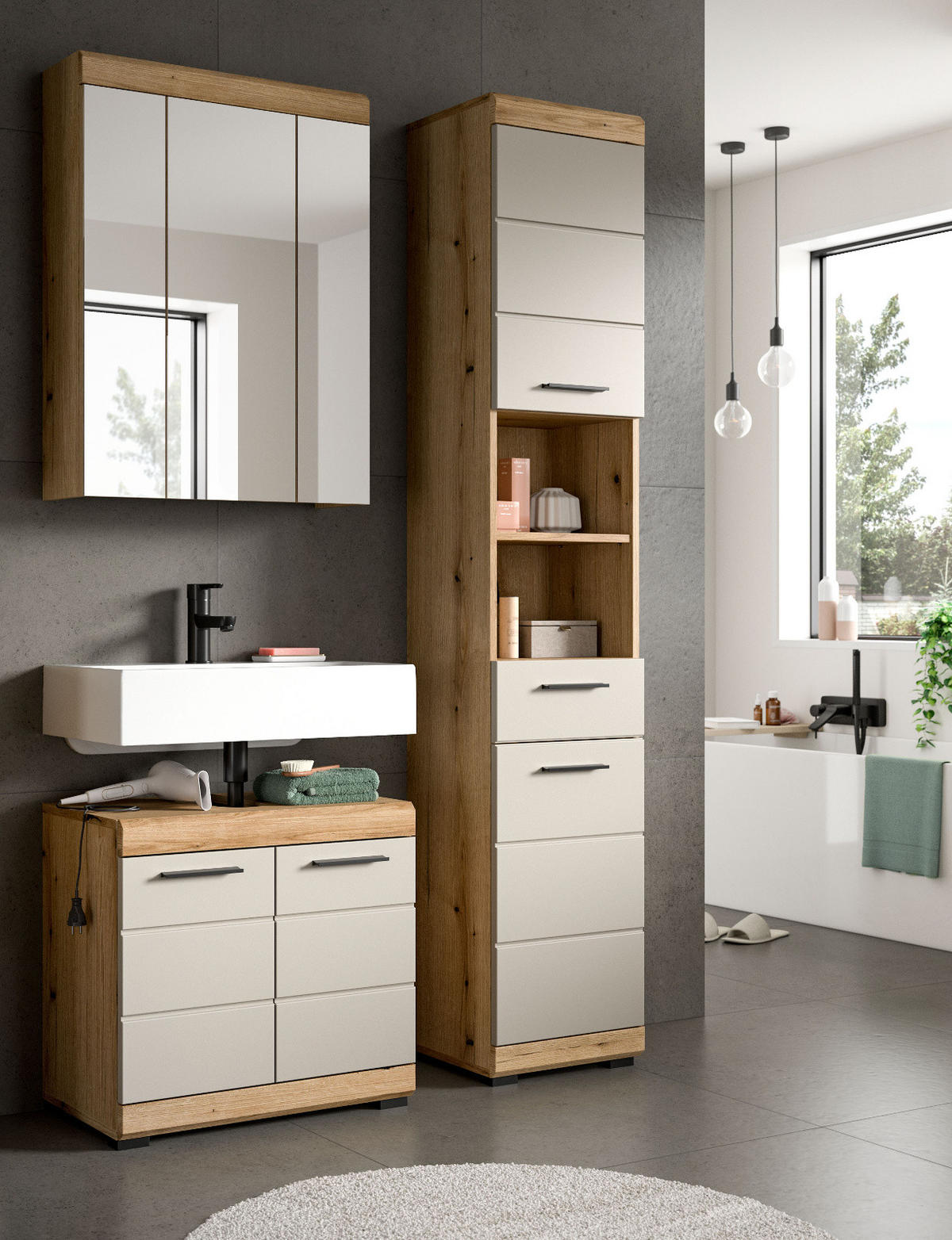 BADMÖBEL Set 3-teilig in Sand Kashmir und Evoke Eiche Badkombination 112 x 191 cm Shawn - Kaschmir/Eichefarben, Glas/Holzwerkstoff (112/191/34cm) - Inn.Furn
