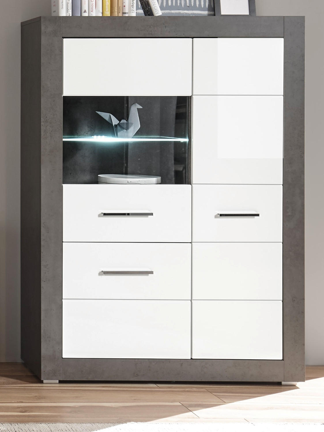 VITRINE weiß Hochglanz, grau Stone 100 cm, Vitrinenschrank 3-türig - Chromfarben/Weiß Hochglanz, Glas/Holzwerkstoff (100/142/35cm) - Furn.Design