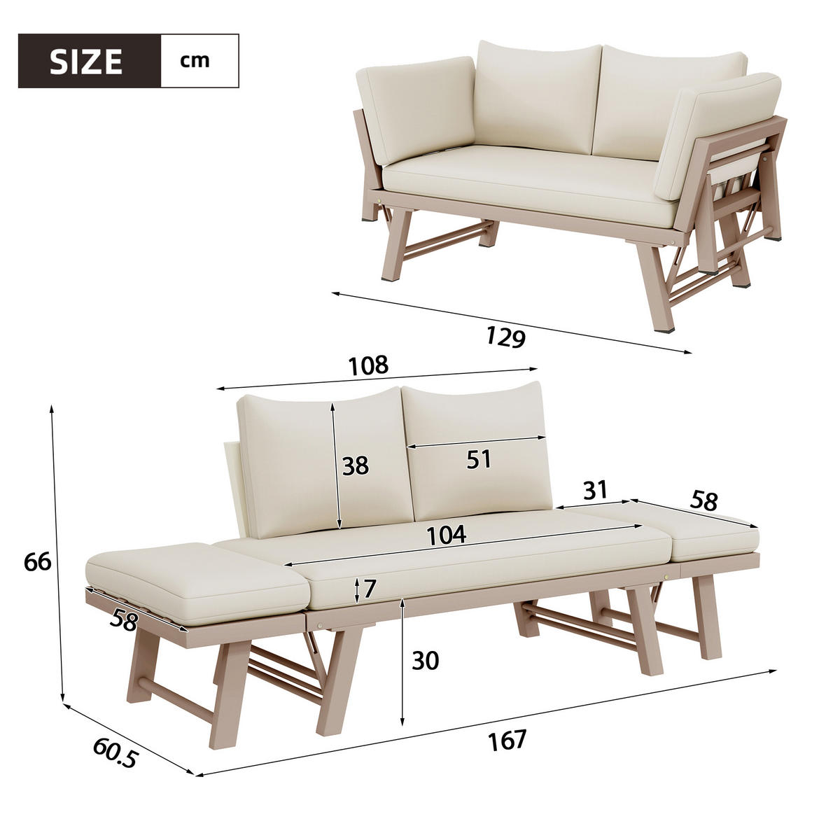 GARTENMÖBEL-SET 2-Sitzer Sofa Liegefunktion Klappbar Beige - Beige, Textil (60.5/66/167cm) - FLIEKS