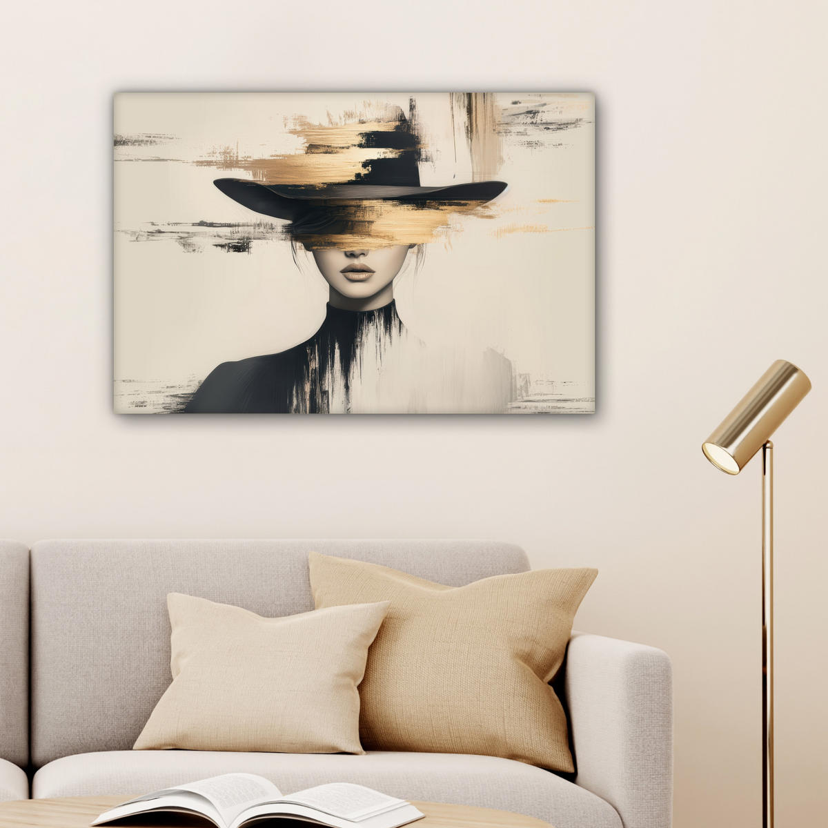 LEINWANDBILD Frau - Hut - Farbe Gemälde 60x40 cm - Goldfarben, Textil (60/40cm) - MuchoWow