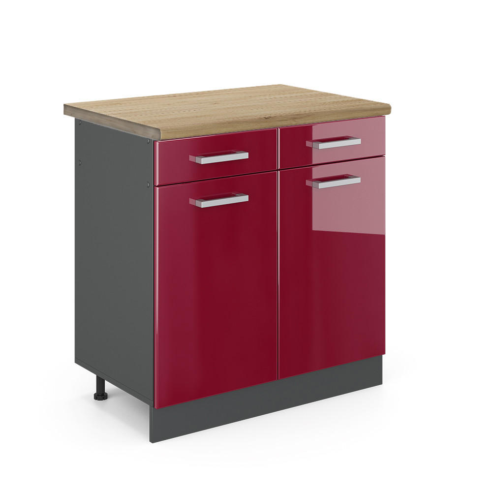 KÜCHENUNTERSCHRANK R-Line Rot Hochglanz 80 cm , AP Eiche - Bordeaux/Anthrazit, Holzwerkstoff (80/81.6/60cm) - Vicco