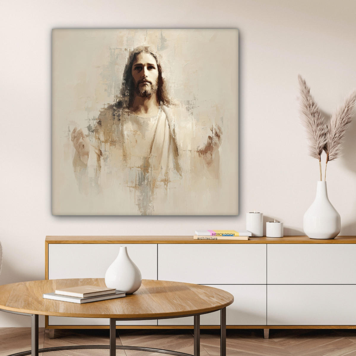 LEINWANDBILD Porträt - Abstrakt - Jesus - Beige Deko Groß 90x90 cm - Beige, Textil (90/90cm) - MuchoWow