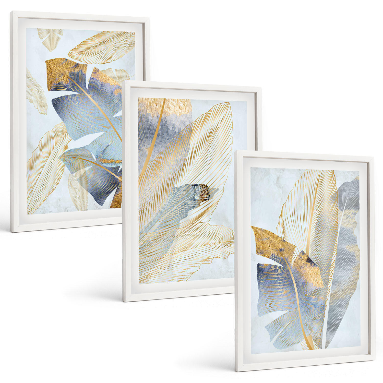 BILDER SET 3er Set - 40x60 cm Weißer Rahmen - Hellblau-beige Blätter - Weiß, Kunststoff (40/60cm) - TULUP