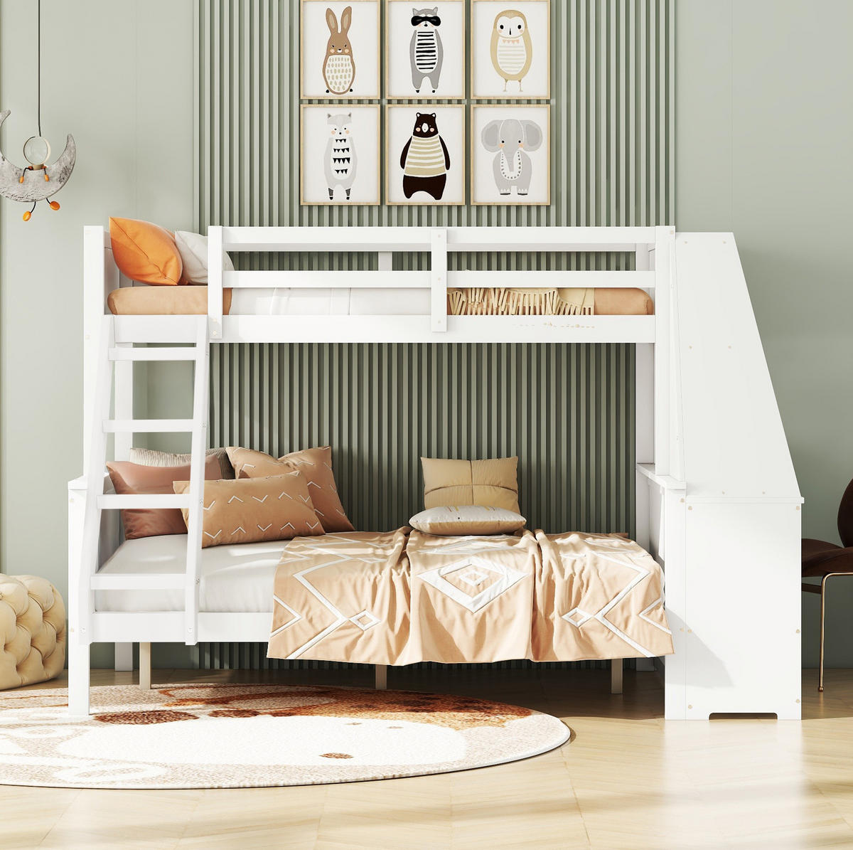 ETAGENBETT 90/200 cm + 140/200 cm mit Schreibtisch, Bücherregal und Stauraum aus Massivholz, Weiß - Weiß, Holz (90/200cm) - Redom