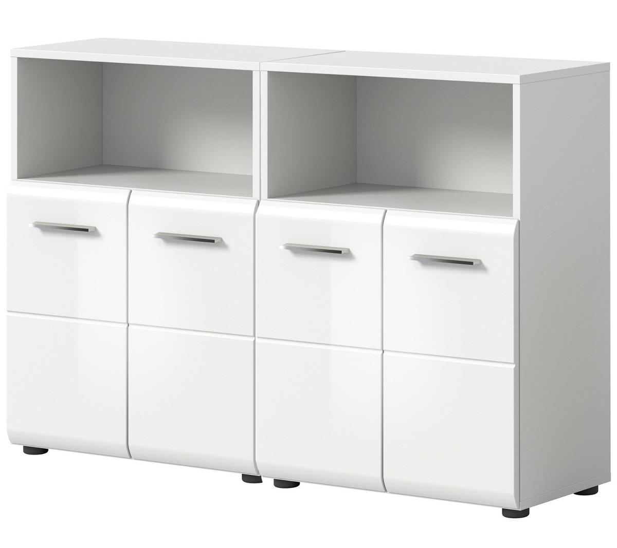 BADOMMODE weiß Hochglanz 120 x 106 cm, 2x Badezimmer Kommode - Weiß Hochglanz/Silberfarben, Holzwerkstoff/Kunststoff (120/80/30cm) - Inn.Furn