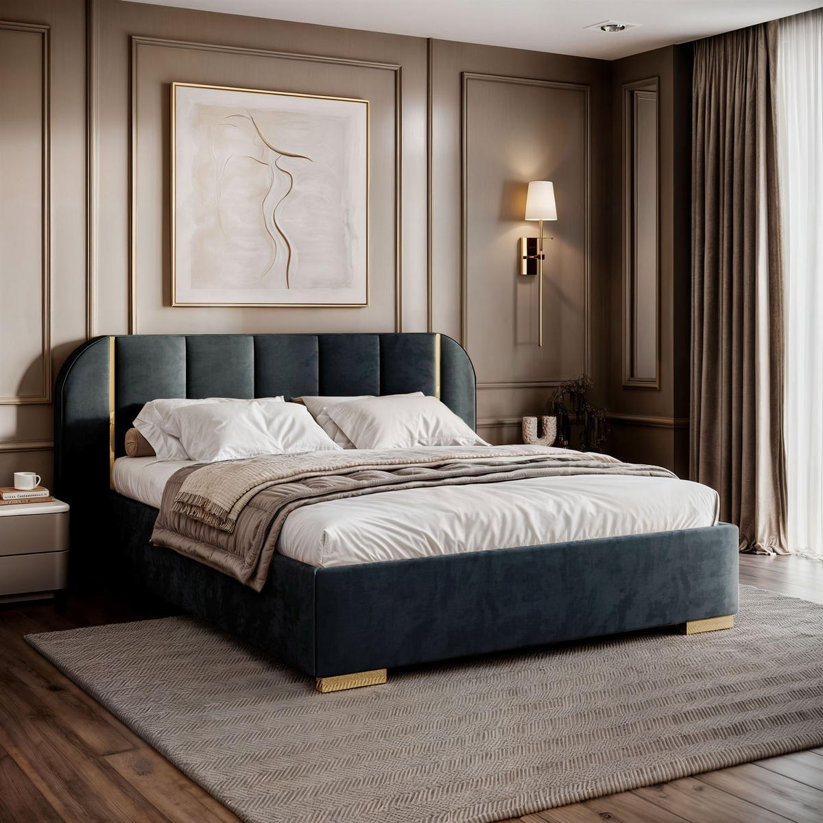 BETT AMARA GOLD 160x200 gepolstert mit Stauraum und Lattenrost, Royal Velvet 223 - Blau, Textil (160/200cm) - Lookway