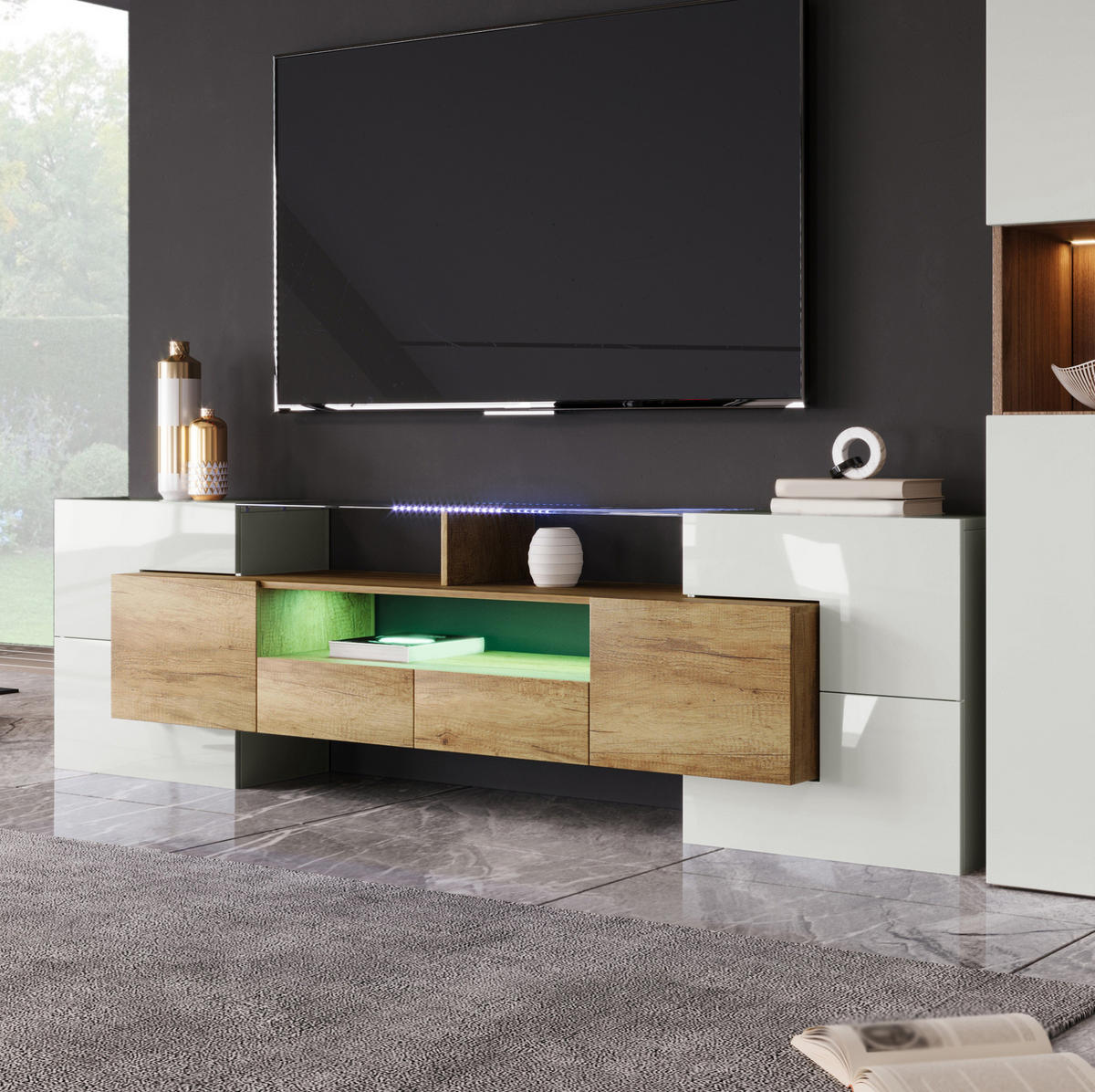 TV-ELEMENT mit LED-Beleuchtung 200 cm Weiß/Natur - Braun, Holzwerkstoff (30/60/200cm) - Beauniv