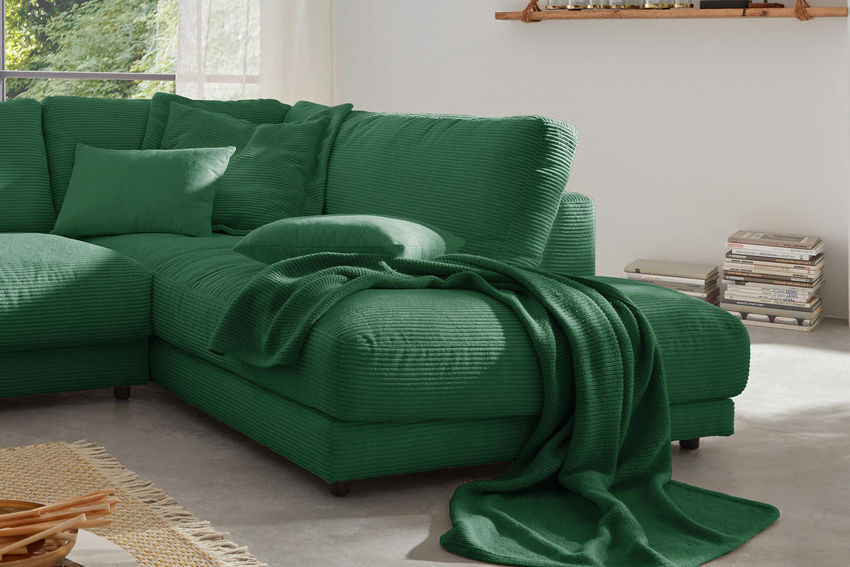 ECKSOFA MADELINE Smaragdgrün Cord - Smaragdgrün/Schwarz, Kunststoff/Textil (325/224cm) - KAWOLA
