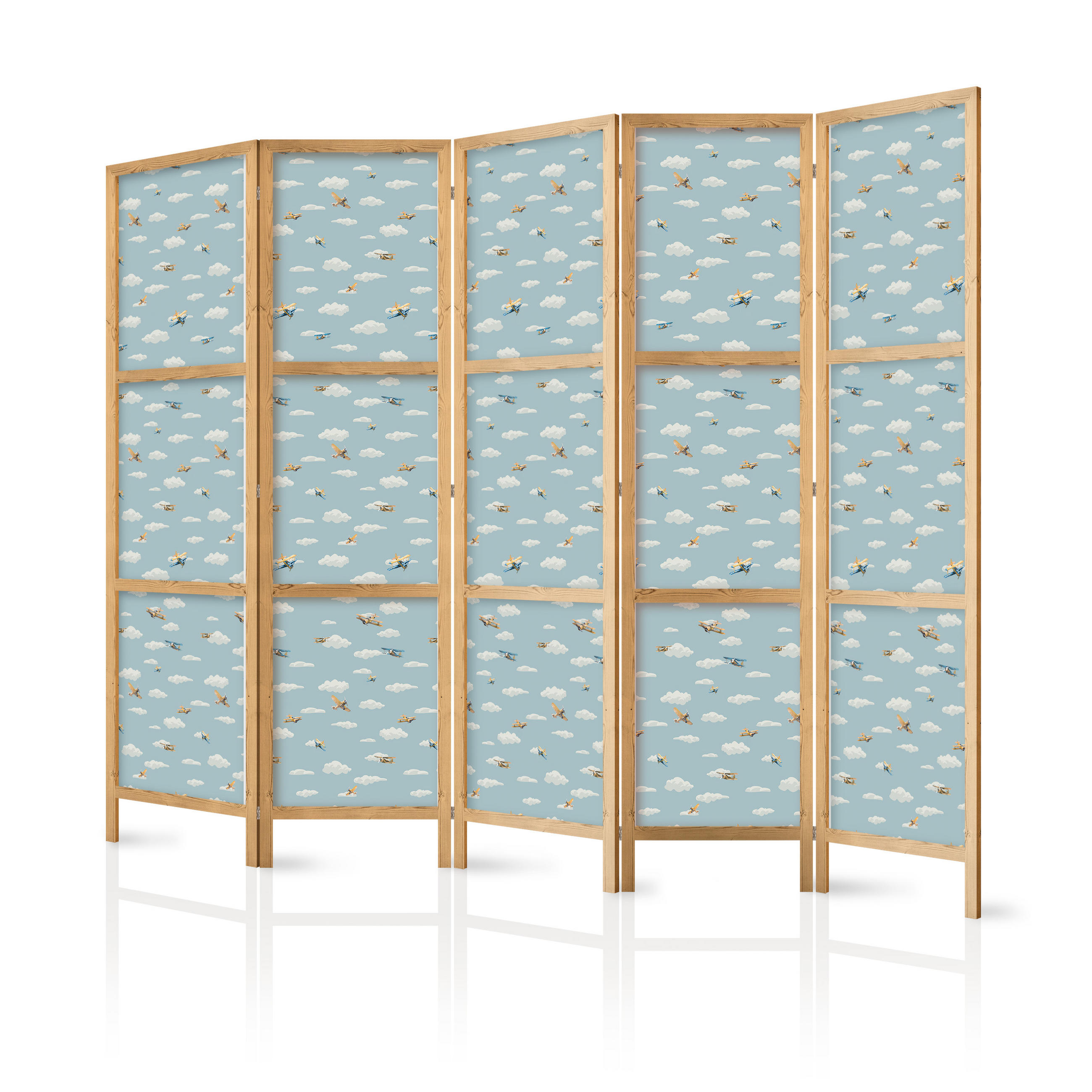 PARAVENT Japanischer 5-tlg 225x172 cm Flugzeuge Wolken - Blau, Holz/Textil (225/172/3cm) - Muralo