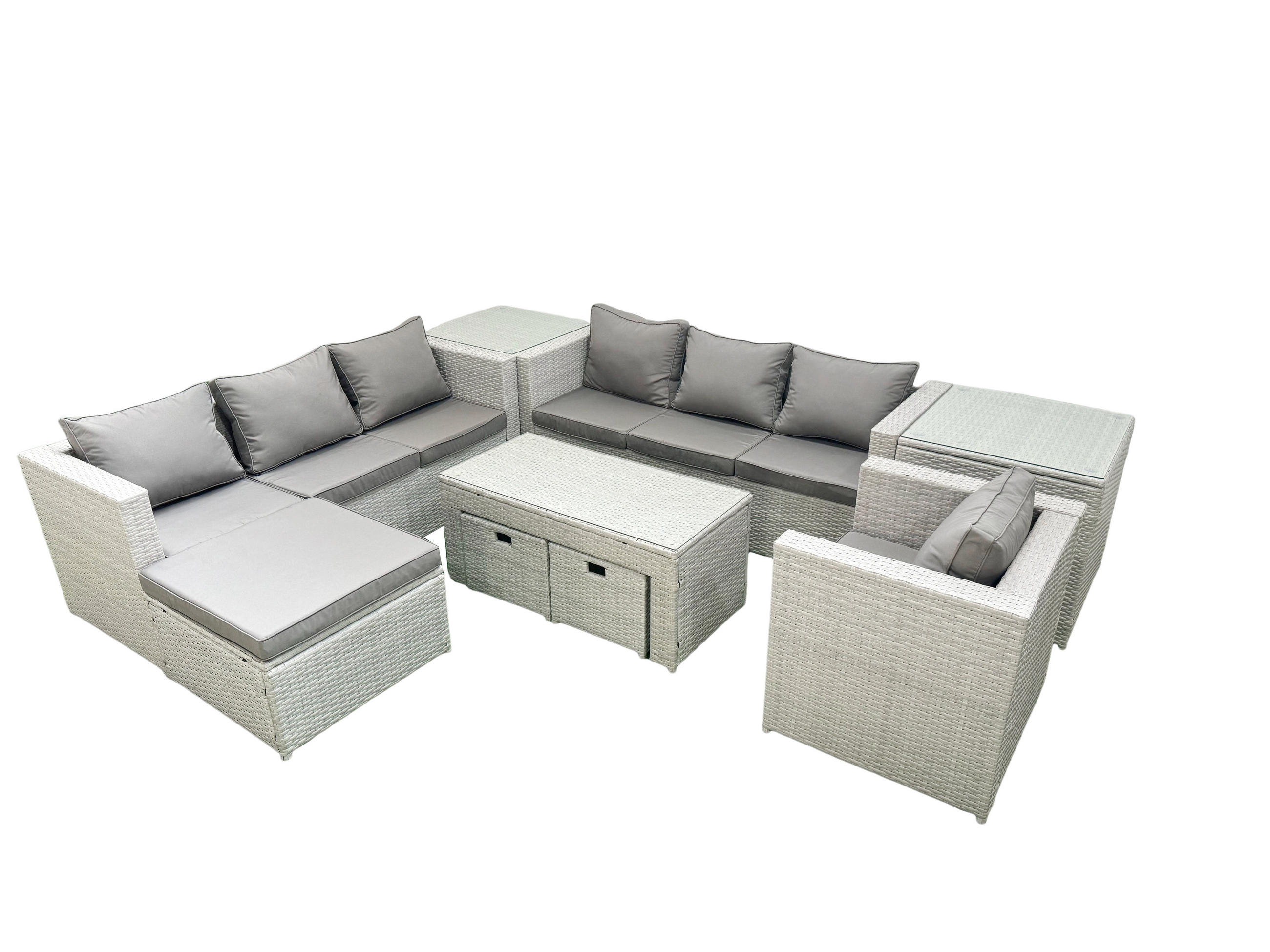GARTENSOFA hohe Rückenlehne Polyrattan Hellgrau-Mix 10-Sitzer - Hellgrau/Grau, Glas/Kunststoff - Fimous