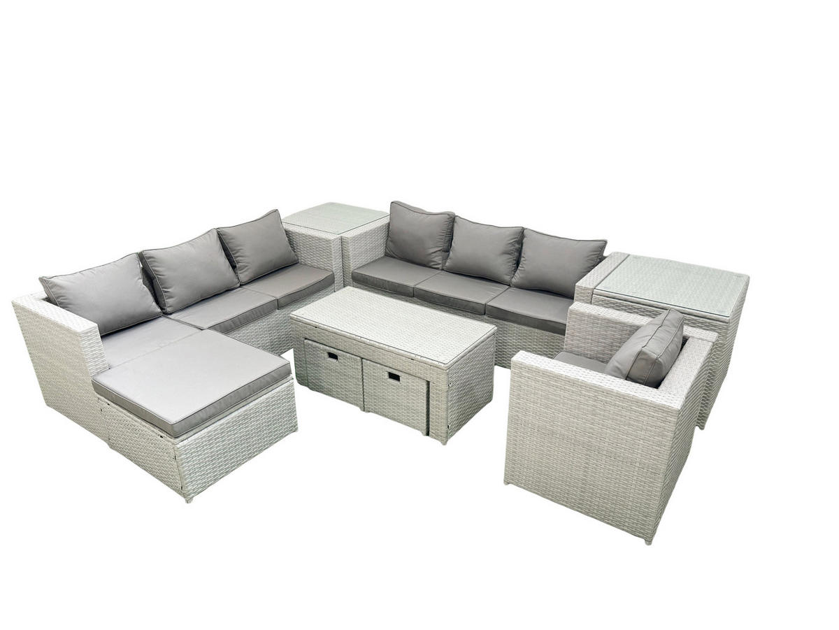 GARTENSOFA hohe Rückenlehne Polyrattan Hellgrau-Mix 10-Sitzer - Hellgrau/Grau, Glas/Kunststoff - Fimous