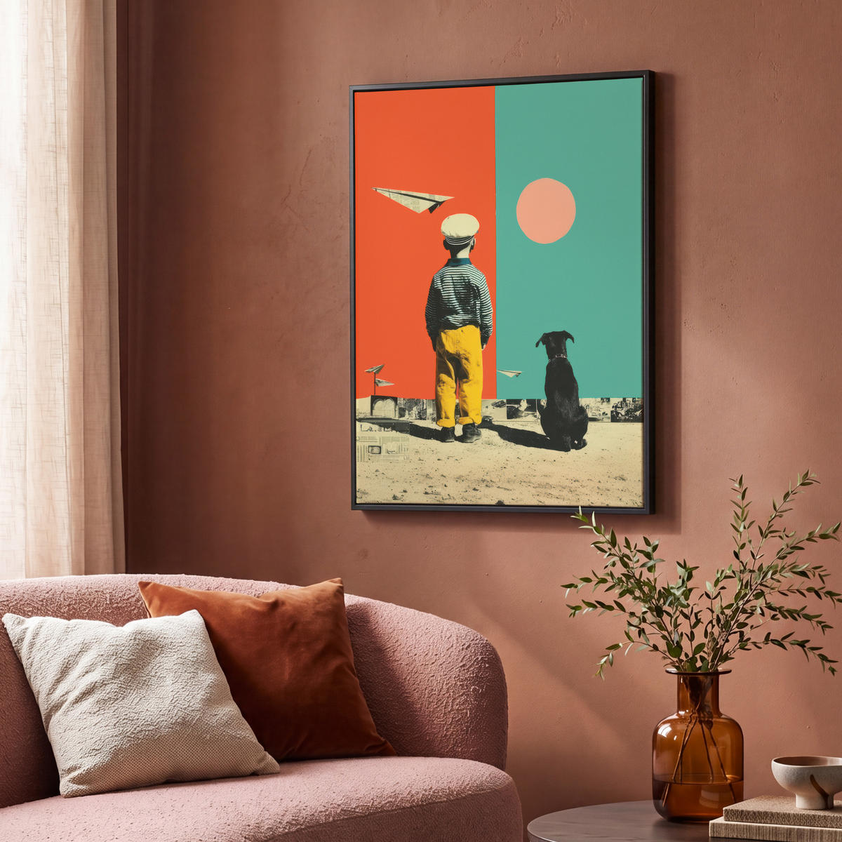LEINWAND Bilder mit Rahmen - Retro - Junge - Hund - Rot - Grün - 70x100 - Orange, Textil (70/100cm) - MuchoWow