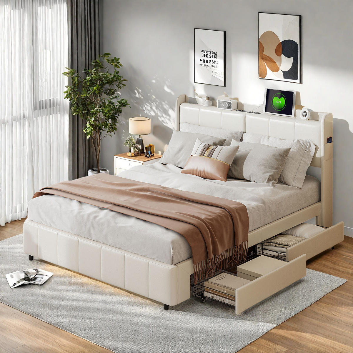 POLSTERBETT 160x200cm mit LED, USB & 4 Schubladen, Stauraumbett, Weiß - Weiß, Holz (160/200cm)